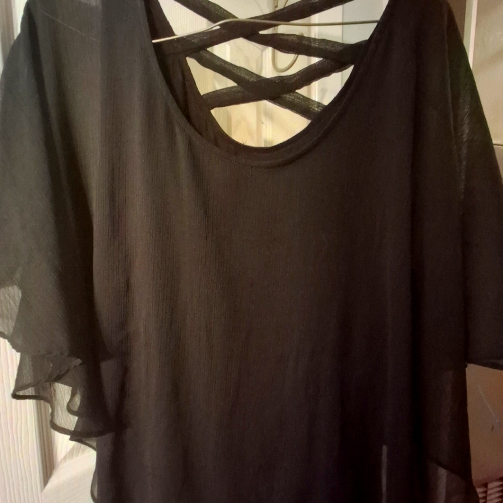 AGB Black Sheer Blouse with Criss-Cross Back
